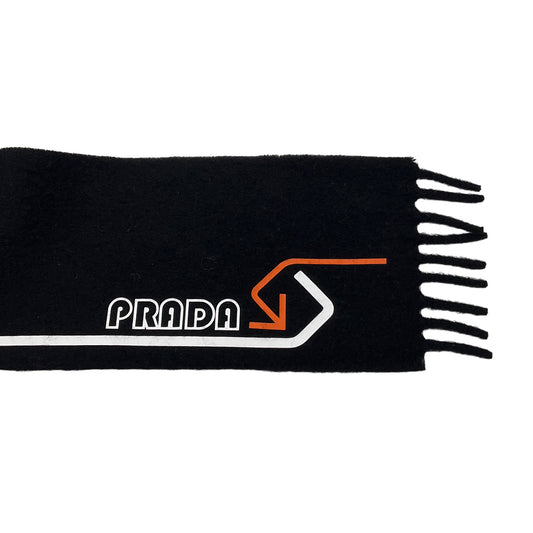 Prada Black / White / Orange Logo Print Fringed Cashmere Scarf