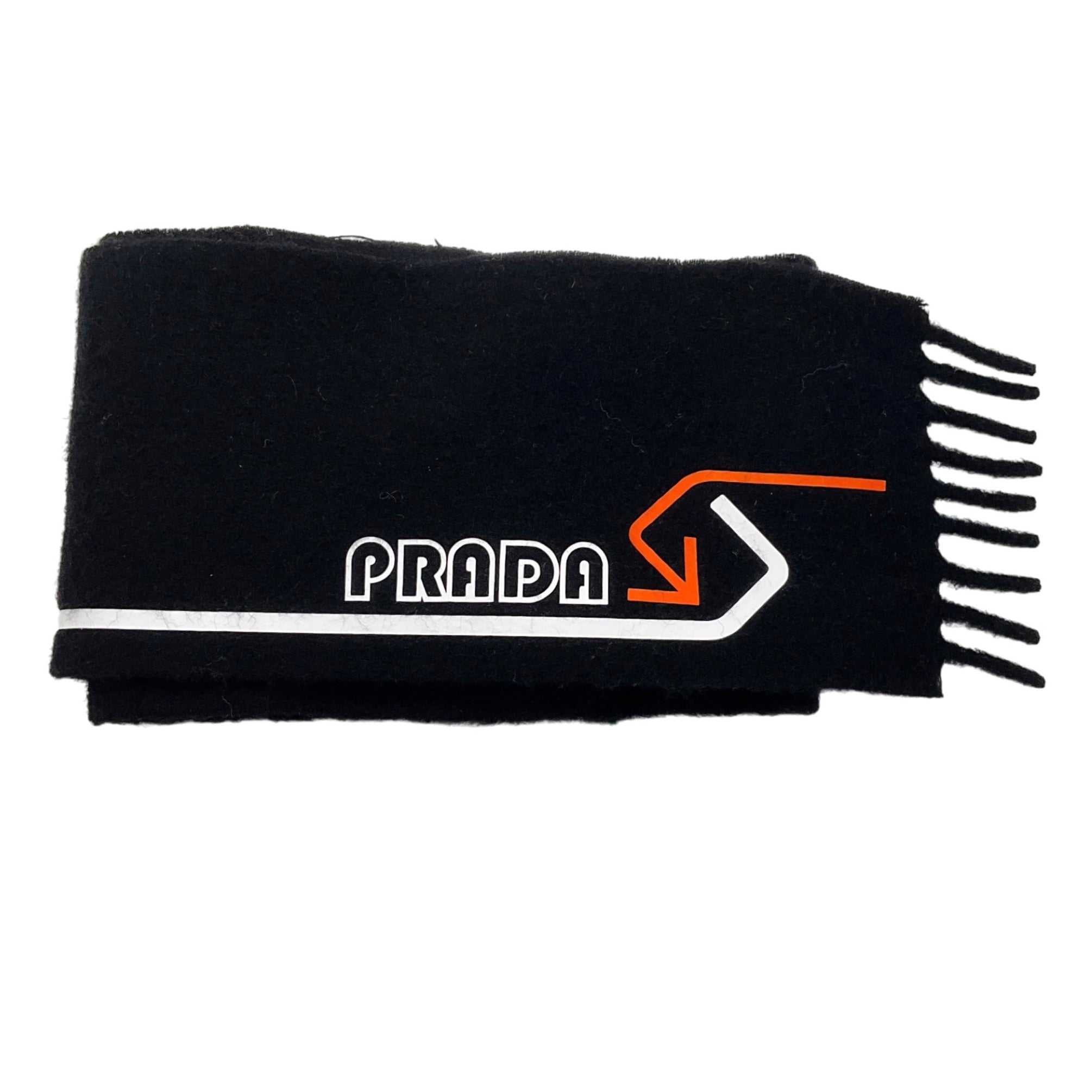 Prada Black / White / Orange Logo Print Fringed Cashmere Scarf