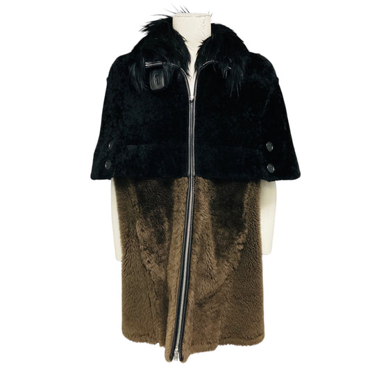 Marni Olive Green / Black Colorblock Zip Front Short Sleeved Lamb Shearling Fur Coat
