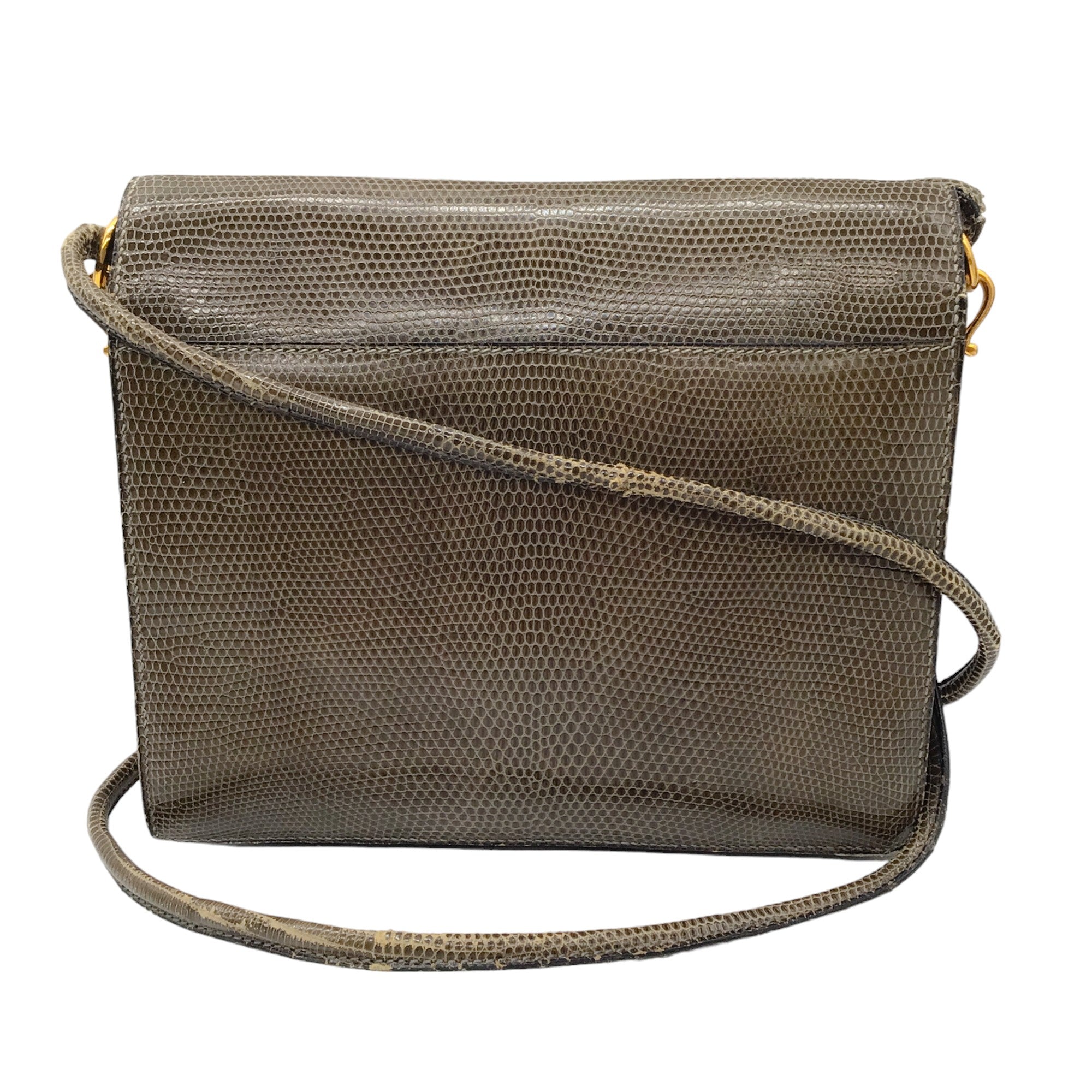 Hermes Vintage Olive Green Lizard Skin Leather Flap Shoulder Bag