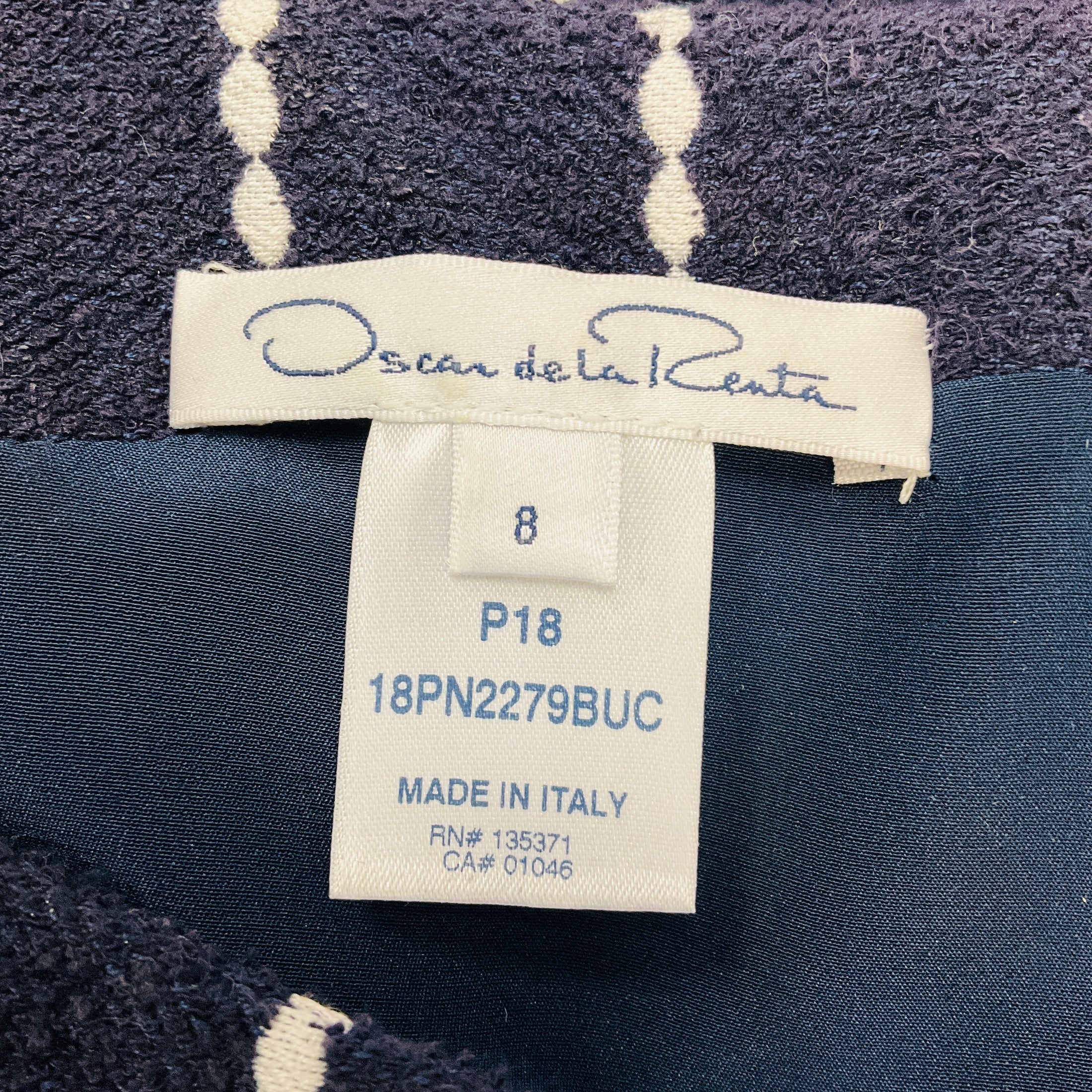 Oscar de la Renta Navy / White Boucle Tweed Windowpane Check Sheath Dress