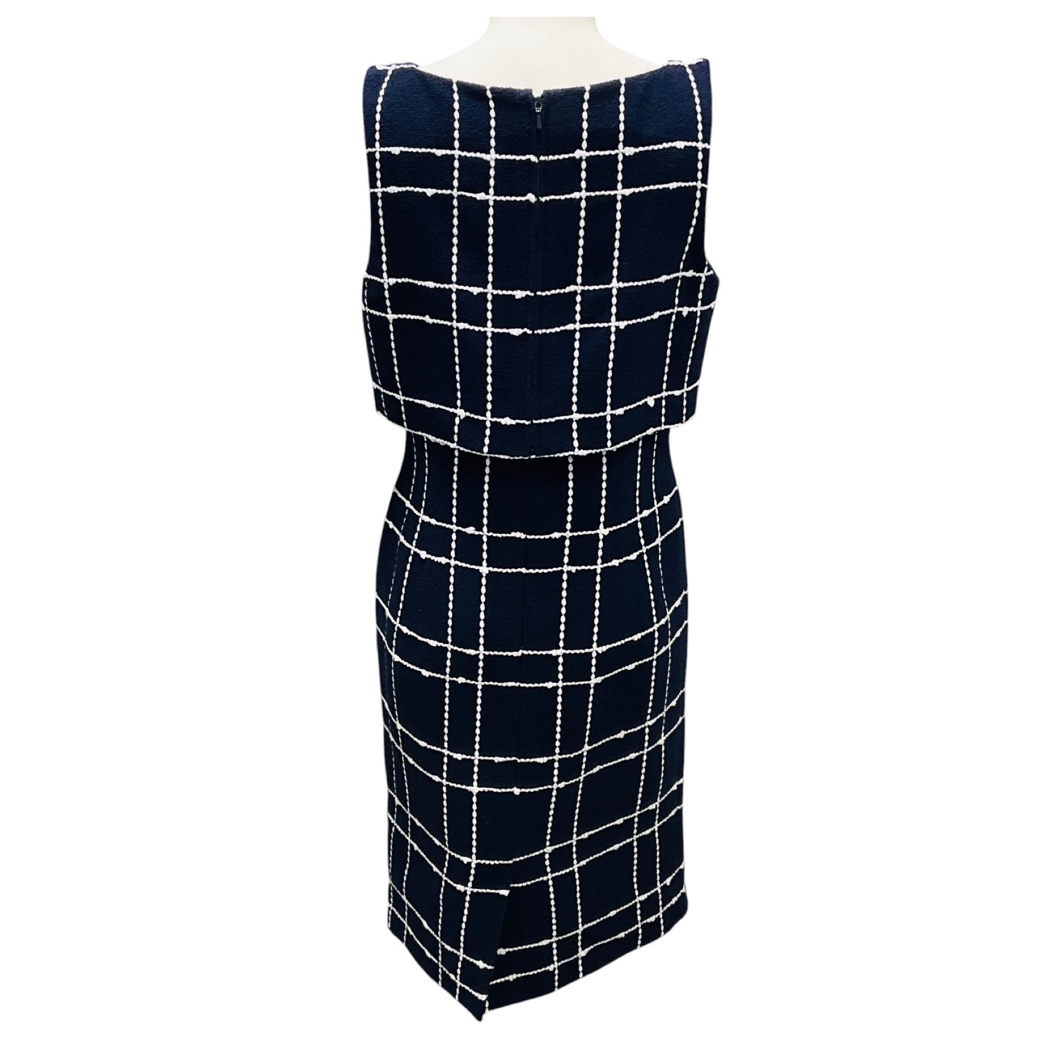Oscar de la Renta Navy / White Boucle Tweed Windowpane Check Sheath Dress