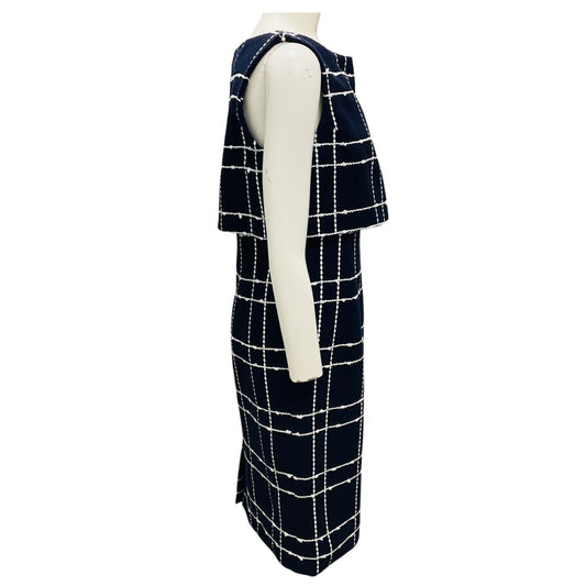 Oscar de la Renta Navy / White Boucle Tweed Windowpane Check Sheath Dress