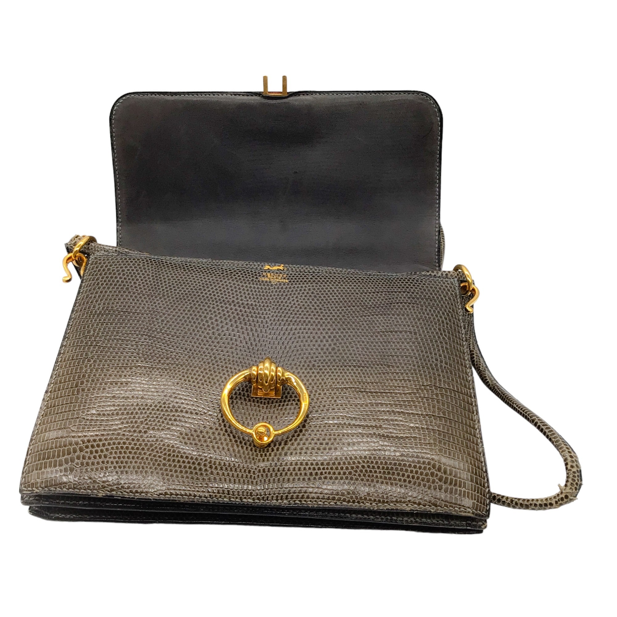 Hermes Vintage Olive Green Lizard Skin Leather Flap Shoulder Bag