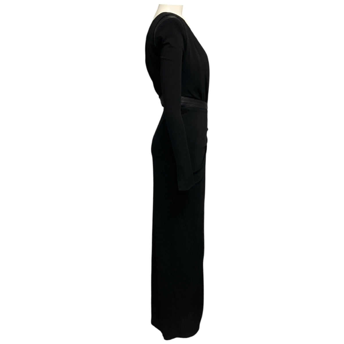 Versace Black Long Sleeved Deep V-Neck Leather Trimmed Jersey Stretch Maxi Dress