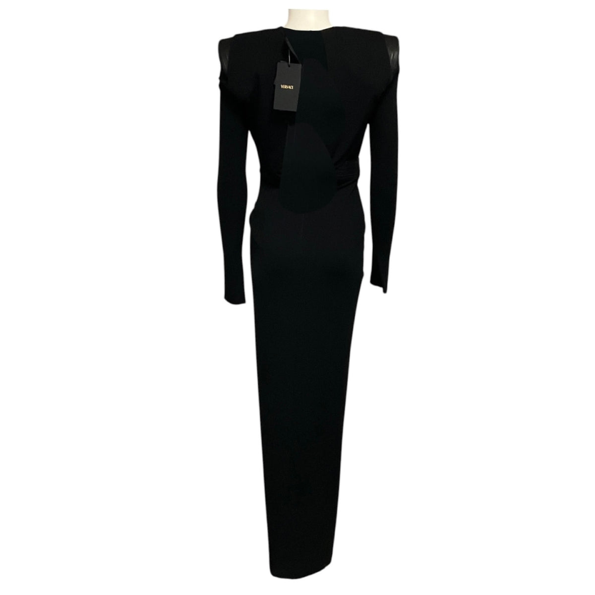 Versace Black Long Sleeved Deep V-Neck Leather Trimmed Jersey Stretch Maxi Dress