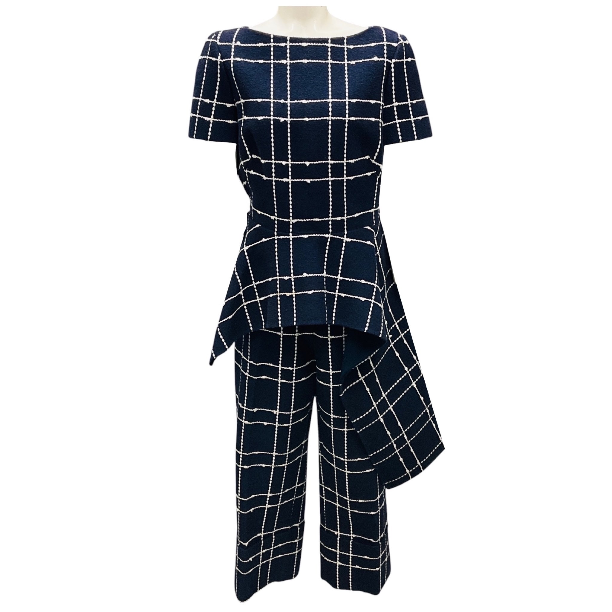 Oscar de la Renta Navy / White Boucle Tweed Windowpane Check Top and Pants Set