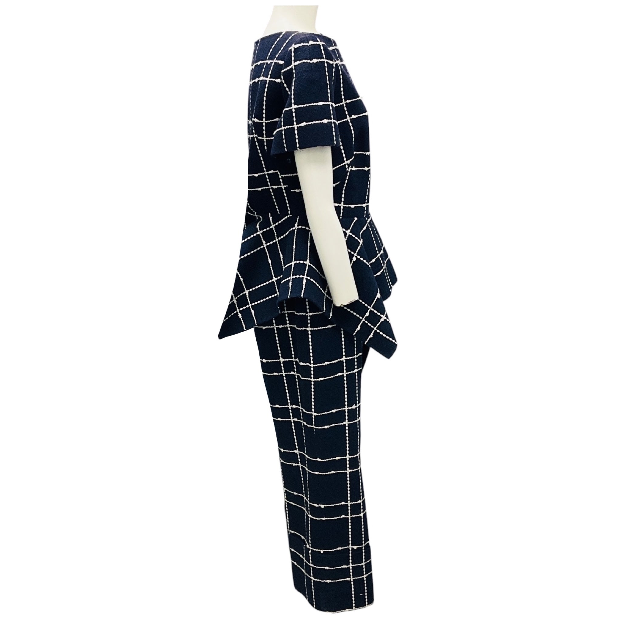 Oscar de la Renta Navy / White Boucle Tweed Windowpane Check Top and Pants Set