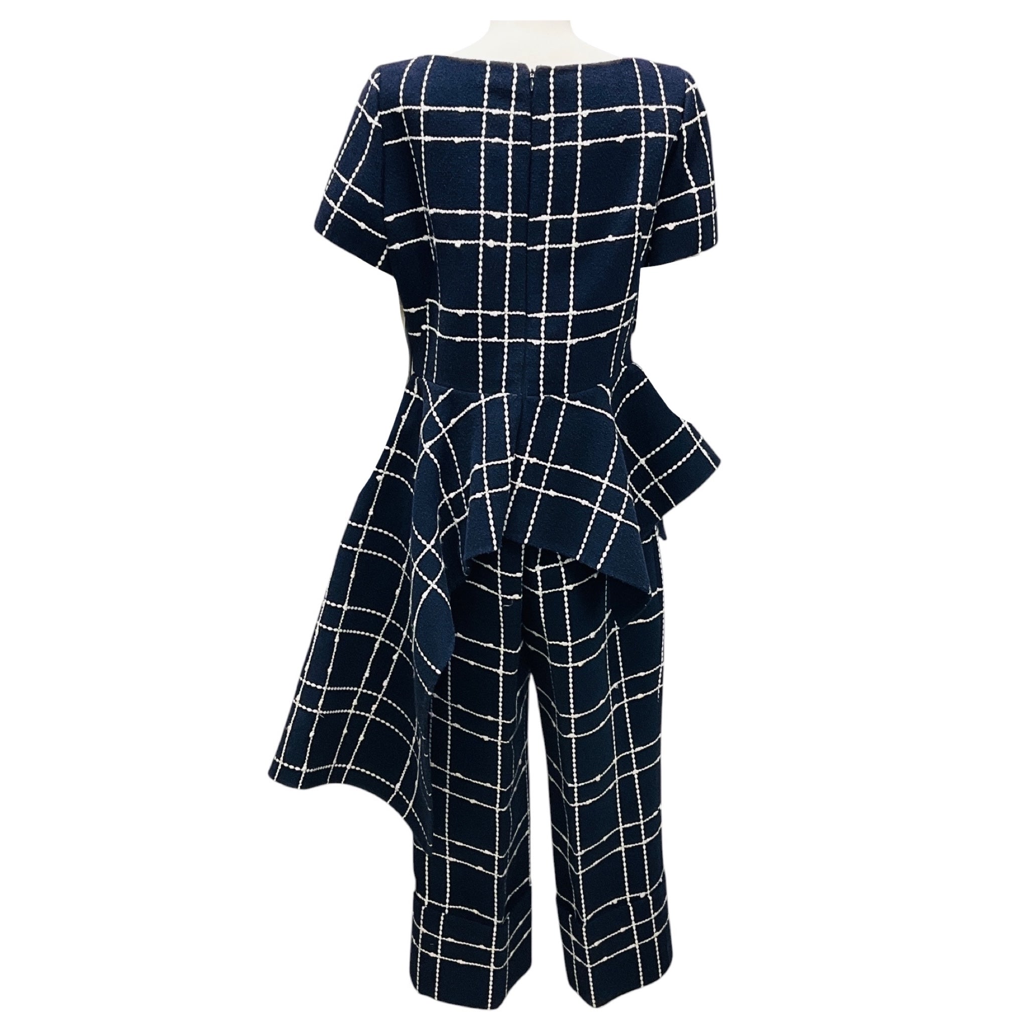 Oscar de la Renta Navy / White Boucle Tweed Windowpane Check Top and Pants Set