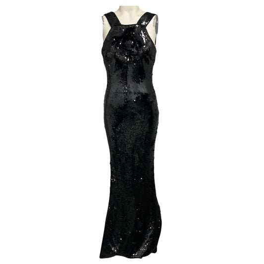 Roland Mouret Black Sleeveless Sequined Gown with Rosette Detail