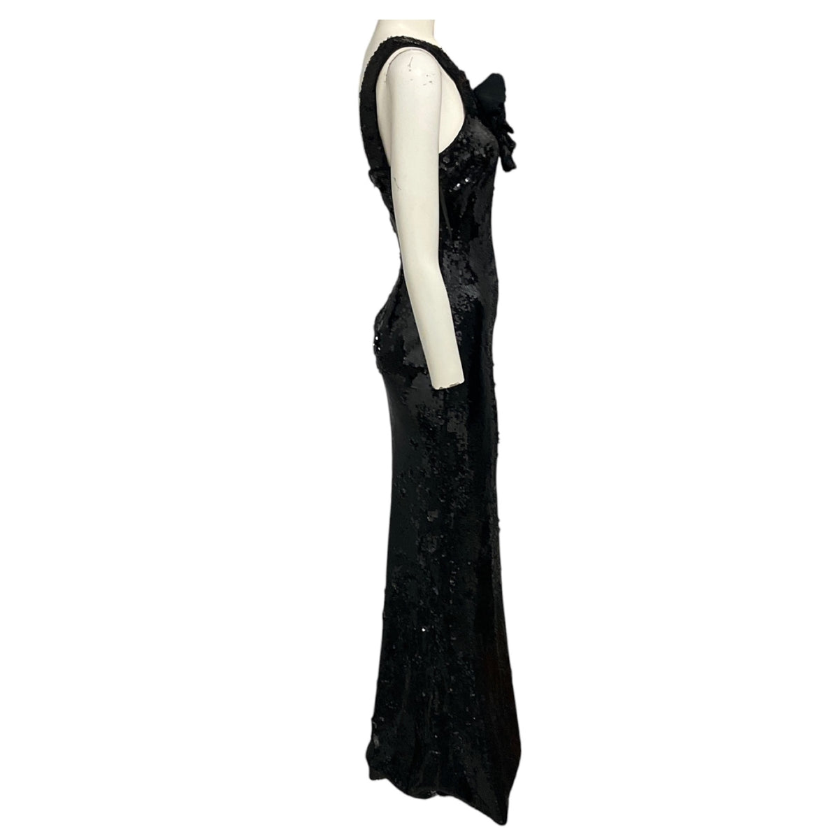 Roland Mouret Black Sleeveless Sequined Gown with Rosette Detail