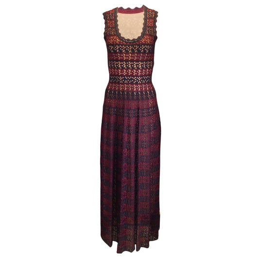 Alaia Burgundy / Black Sleeveless Laser-Cut Knit Maxi Dress