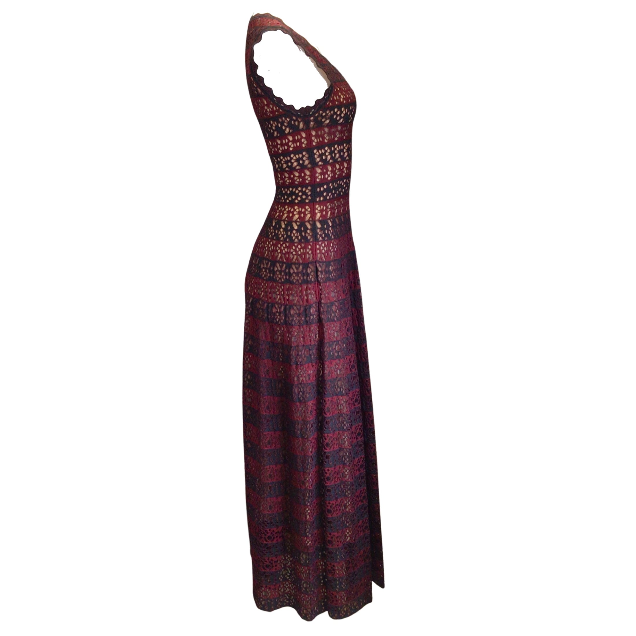 Alaia Burgundy / Black Sleeveless Laser-Cut Knit Maxi Dress