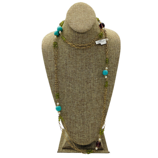 Chanel 2005 Turquoise, Pearl, Amethyst, and Green Stone Embellished Long Gold Chain Necklace