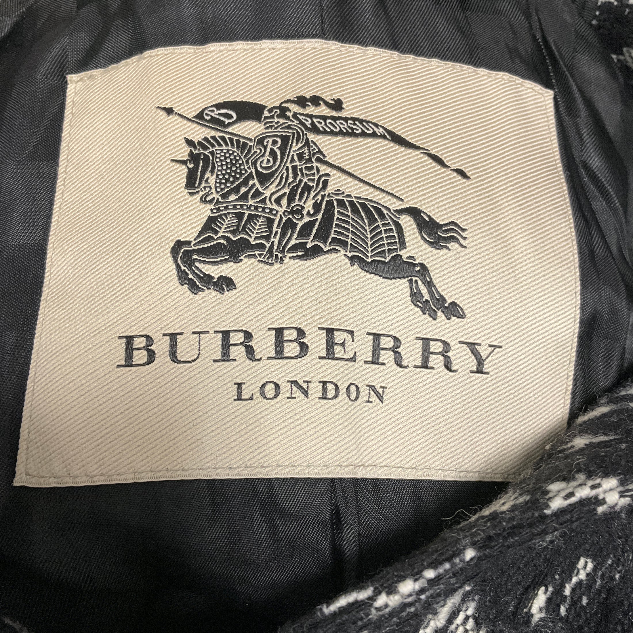Burberry Black / White Belted Chevron Pattern Coat with Leather Sleeves