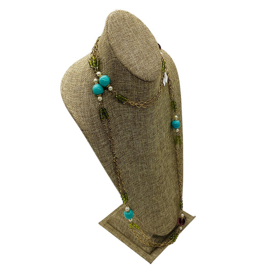 Chanel 2005 Turquoise, Pearl, Amethyst, and Green Stone Embellished Long Gold Chain Necklace