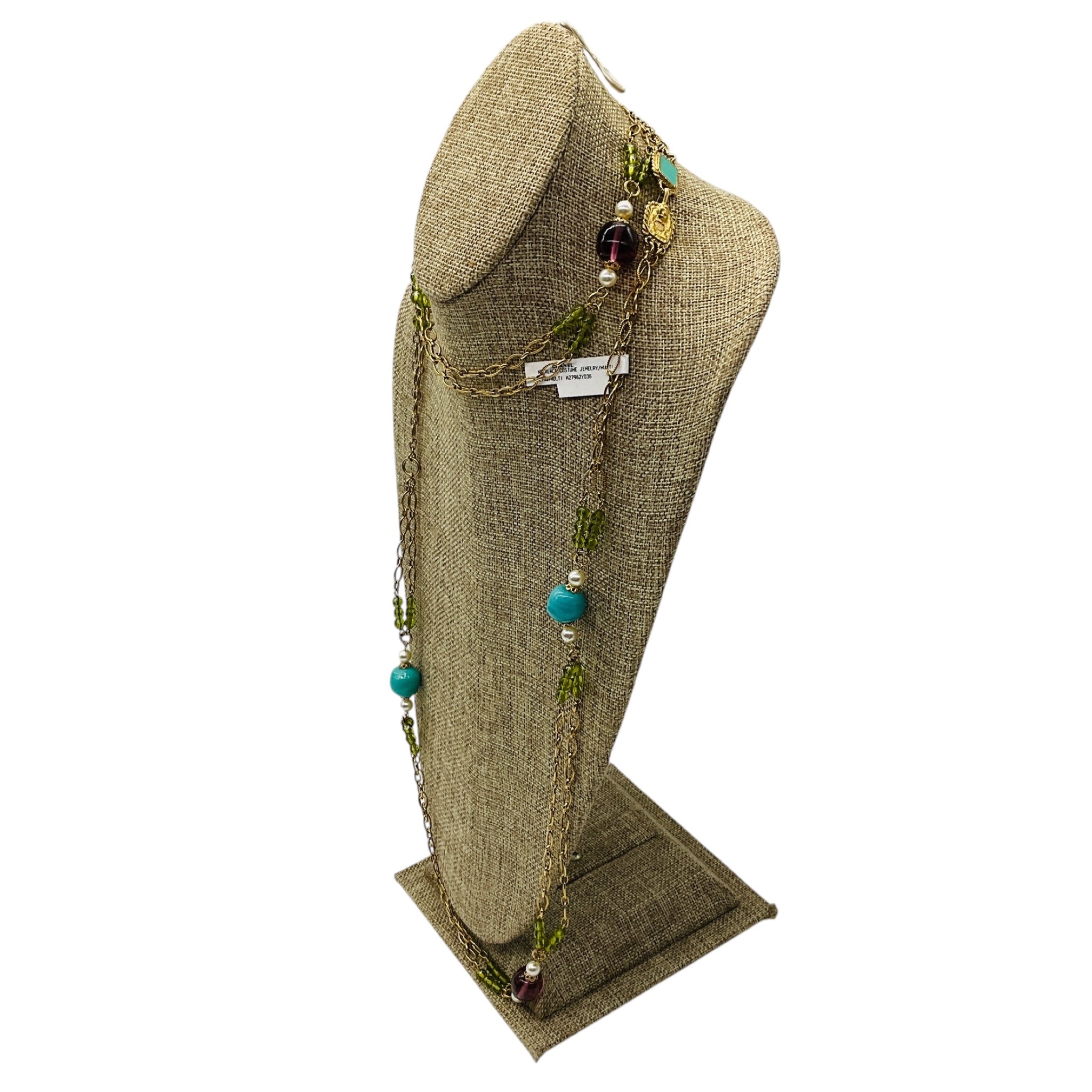 Chanel 2005 Turquoise, Pearl, Amethyst, and Green Stone Embellished Long Gold Chain Necklace