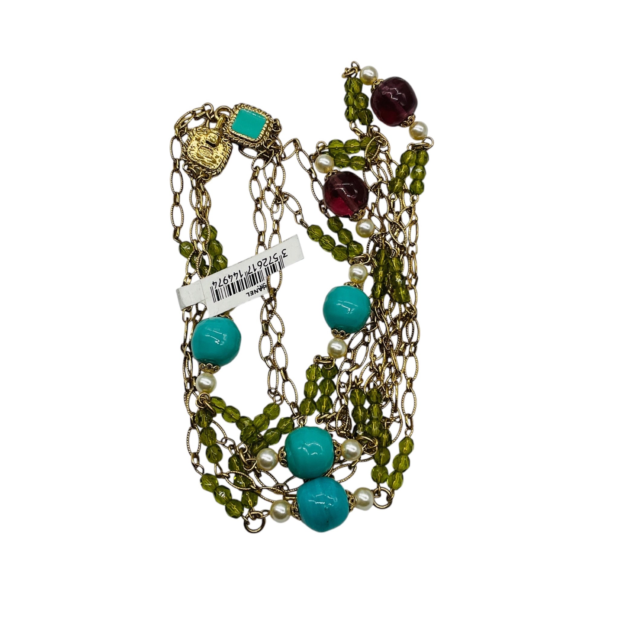 Chanel 2005 Turquoise, Pearl, Amethyst, and Green Stone Embellished Long Gold Chain Necklace