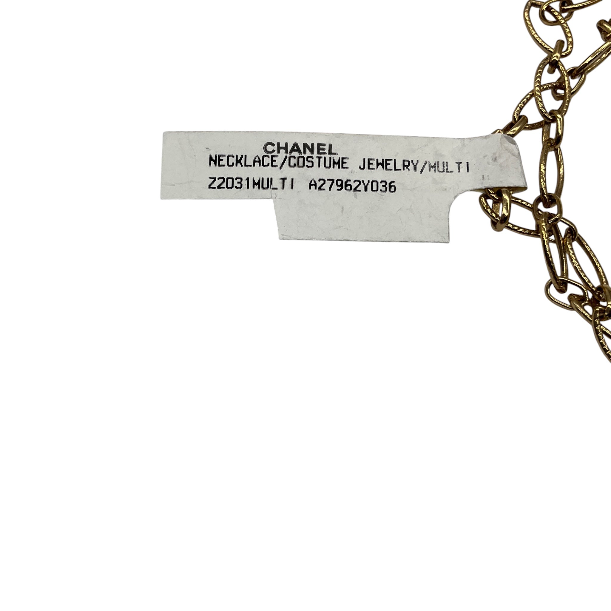 Chanel 2005 Turquoise, Pearl, Amethyst, and Green Stone Embellished Long Gold Chain Necklace