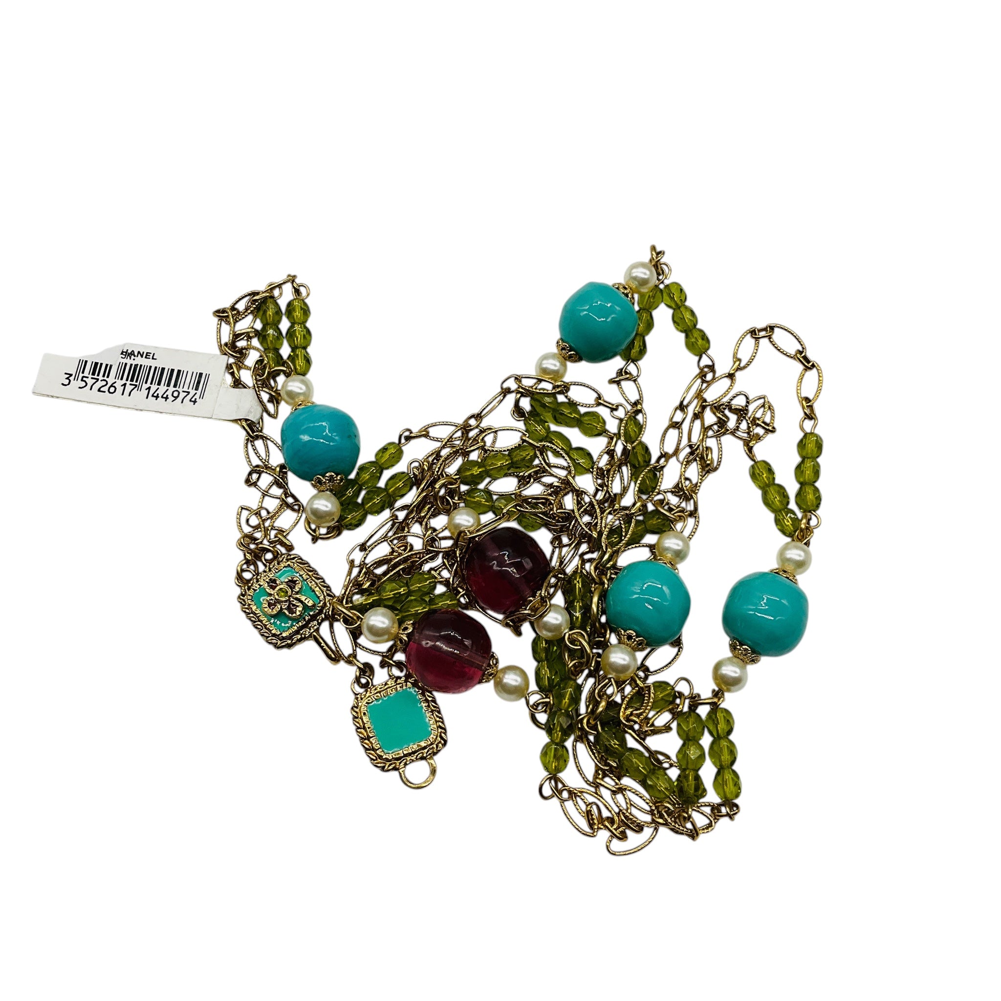 Chanel 2005 Turquoise, Pearl, Amethyst, and Green Stone Embellished Long Gold Chain Necklace
