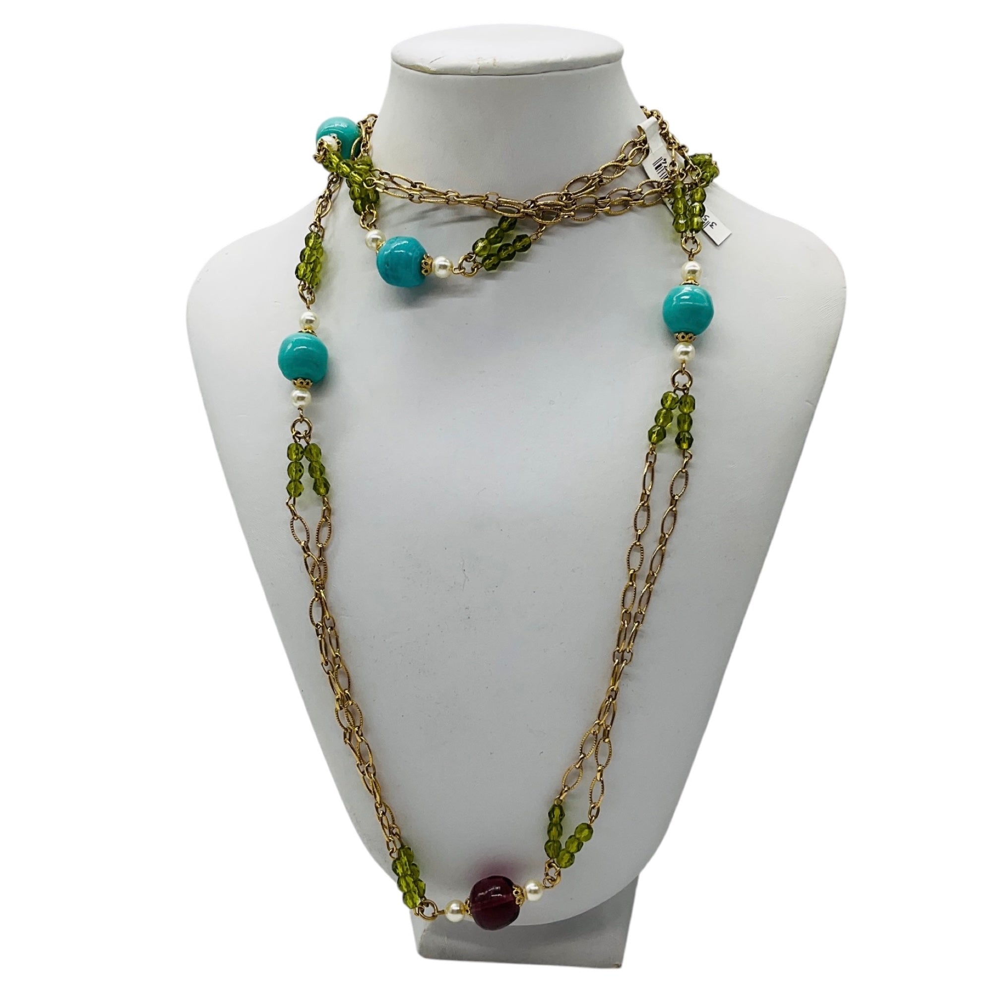 Chanel 2005 Turquoise, Pearl, Amethyst, and Green Stone Embellished Long Gold Chain Necklace