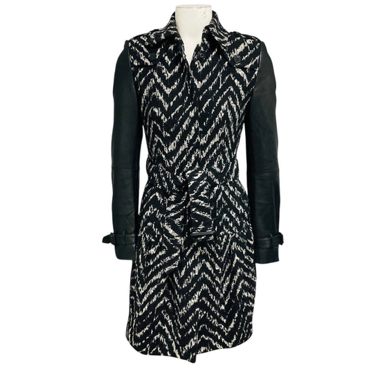 Burberry Black / White Belted Chevron Pattern Coat with Leather Sleeves