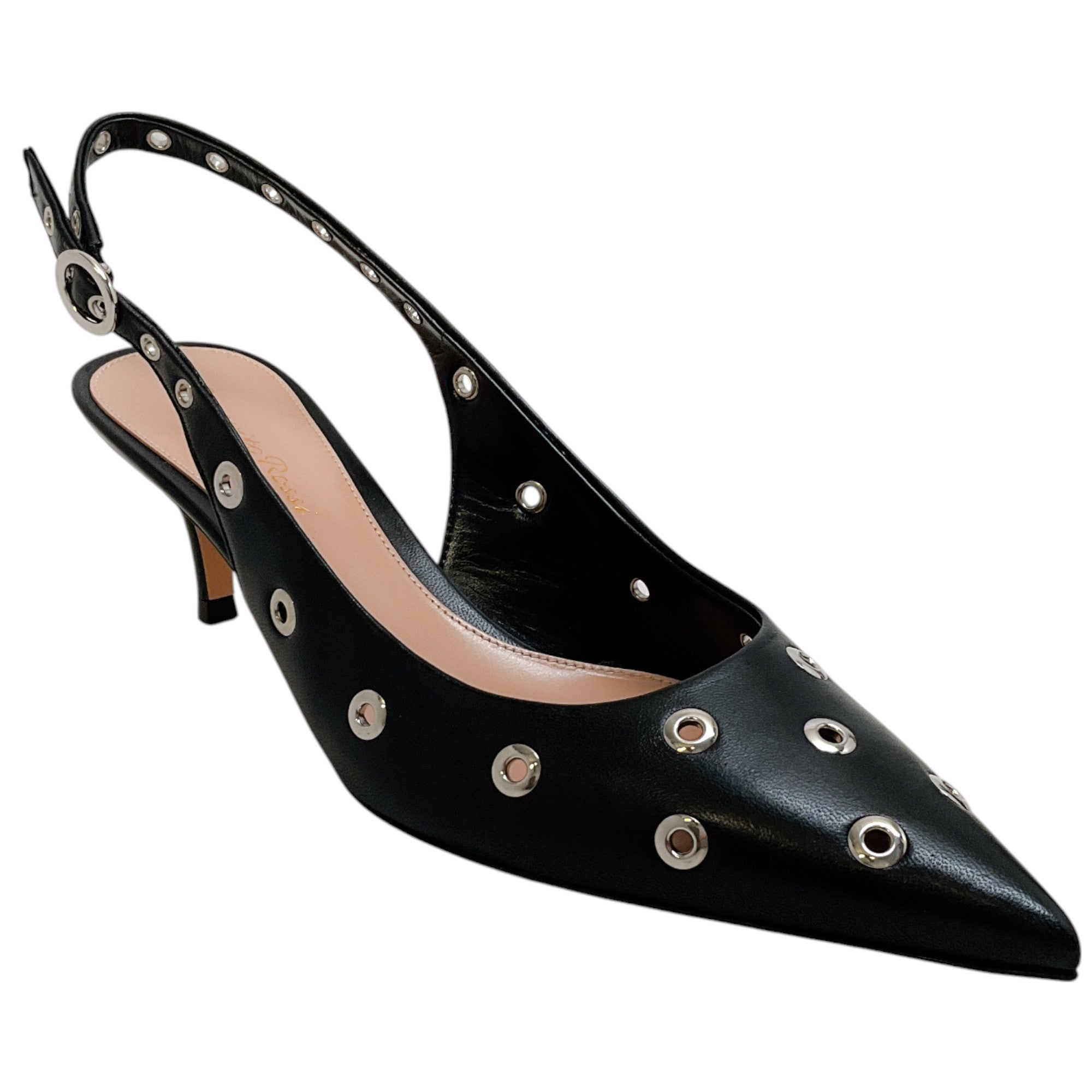 Gianvito Rossi Black Leather Kitten Heel Pump with Grommets
