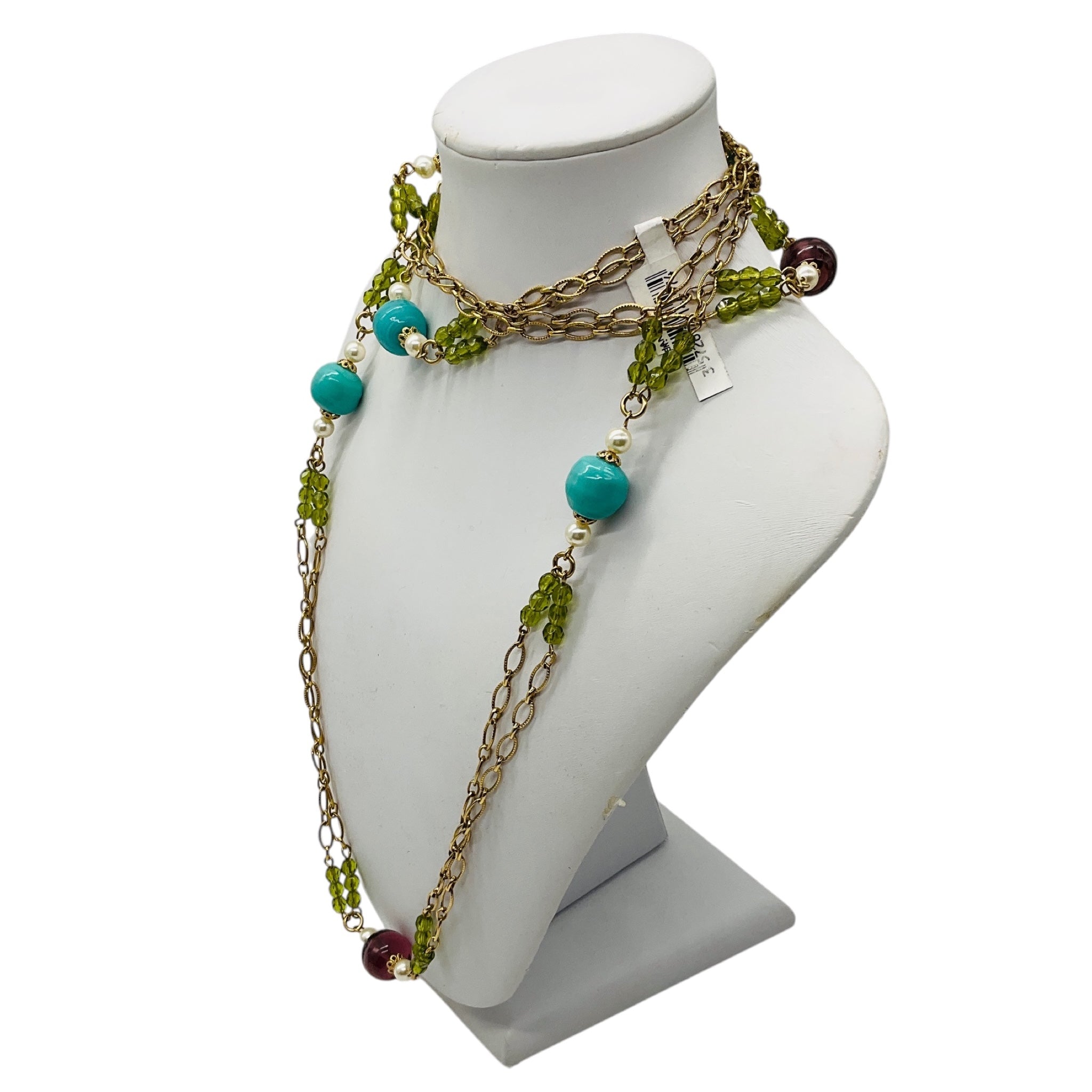 Chanel 2005 Turquoise, Pearl, Amethyst, and Green Stone Embellished Long Gold Chain Necklace