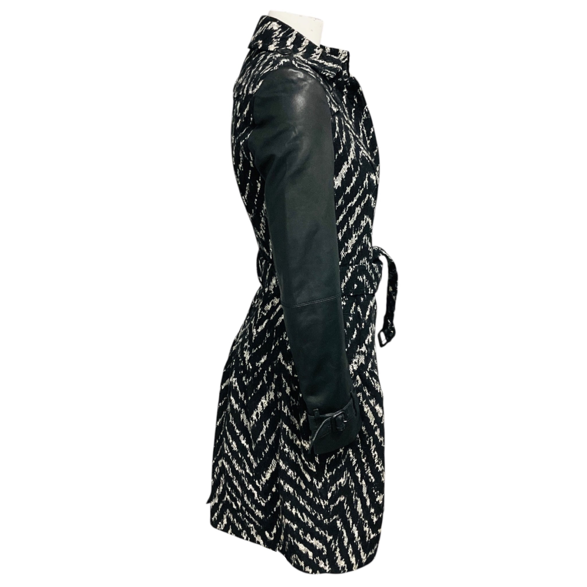 Burberry Black / White Belted Chevron Pattern Coat with Leather Sleeves