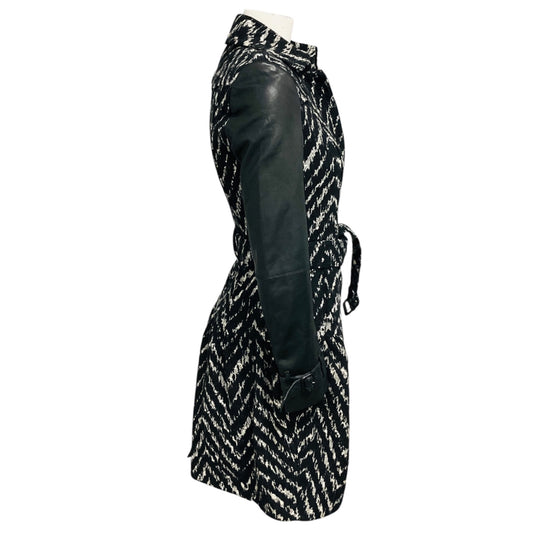 Burberry Black / White Belted Chevron Pattern Coat with Leather Sleeves