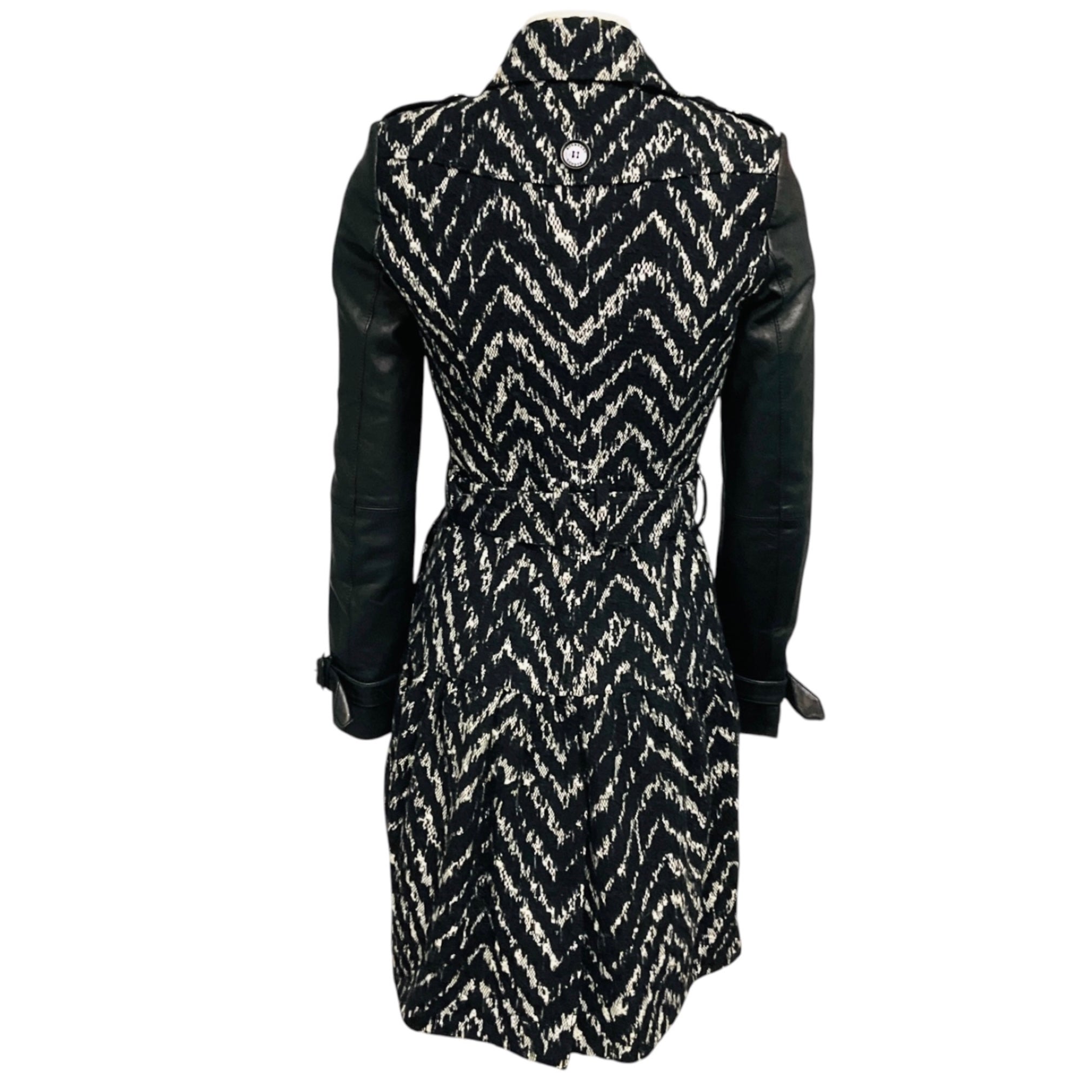 Burberry Black / White Belted Chevron Pattern Coat with Leather Sleeves