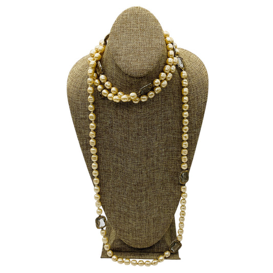 Chanel Vintage 1981 Clear Jumbo Crystal Station and Pearl Long Strand Sautoir Necklace