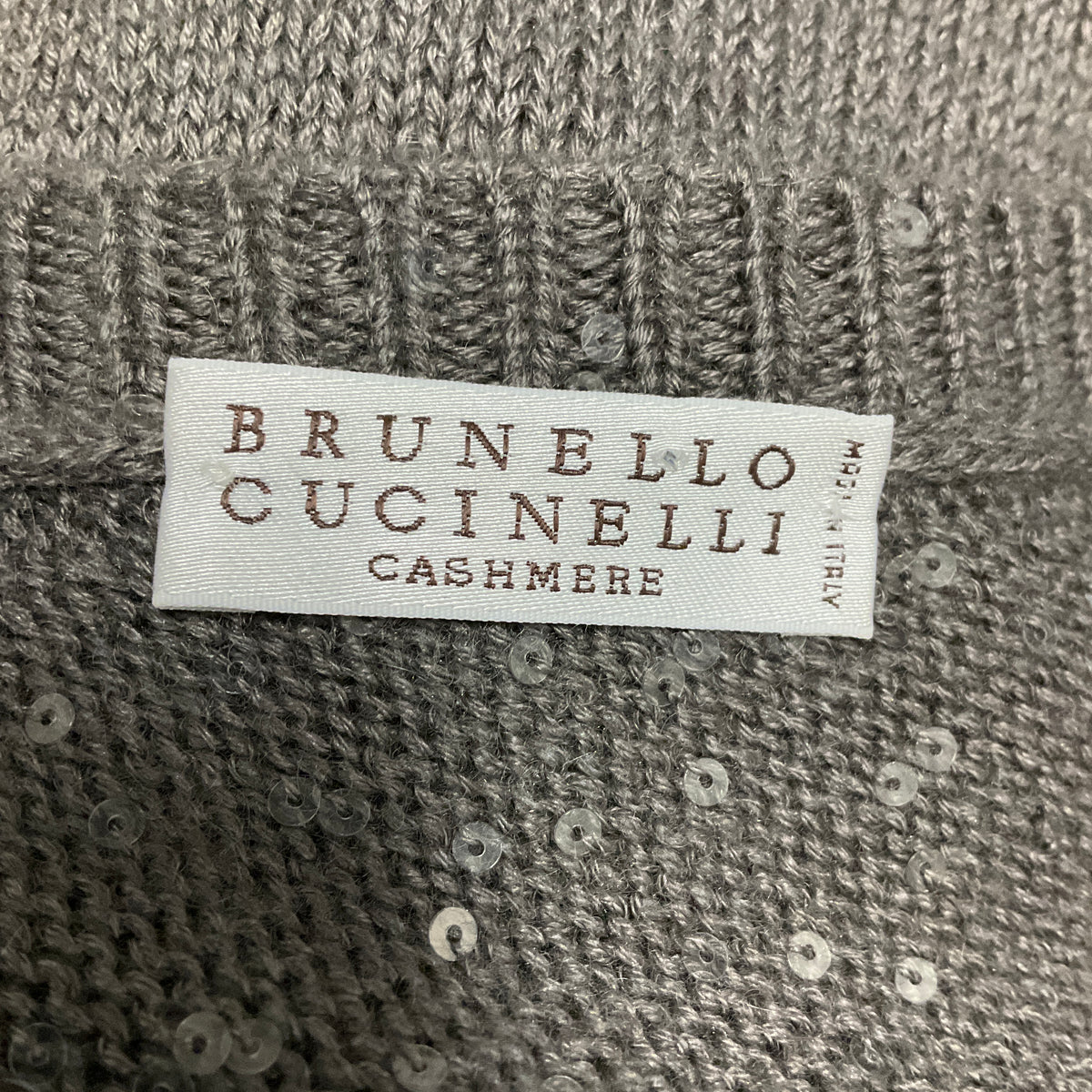Brunello Cucinelli Taupe Sequined Cashmere and Silk Knit Long Sleeved V-Neck Pullover Sweater