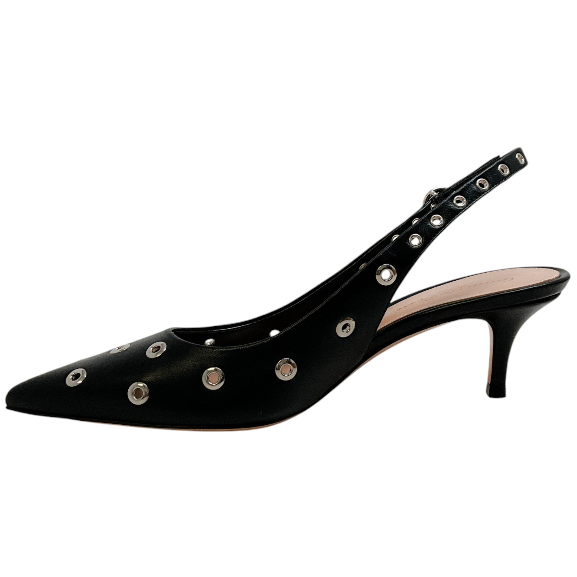 Gianvito Rossi Black Leather Kitten Heel Pump with Grommets