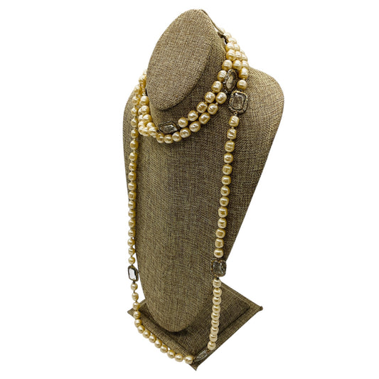 Chanel Vintage 1981 Clear Jumbo Crystal Station and Pearl Long Strand Sautoir Necklace