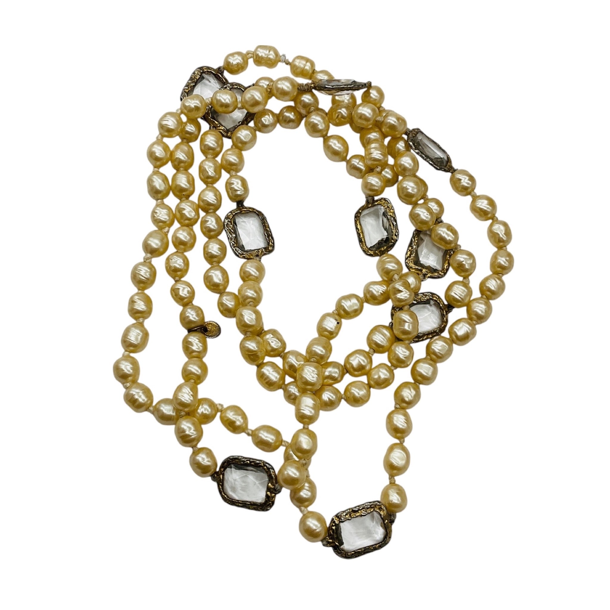 Chanel Vintage 1981 Clear Jumbo Crystal Station and Pearl Long Strand Sautoir Necklace