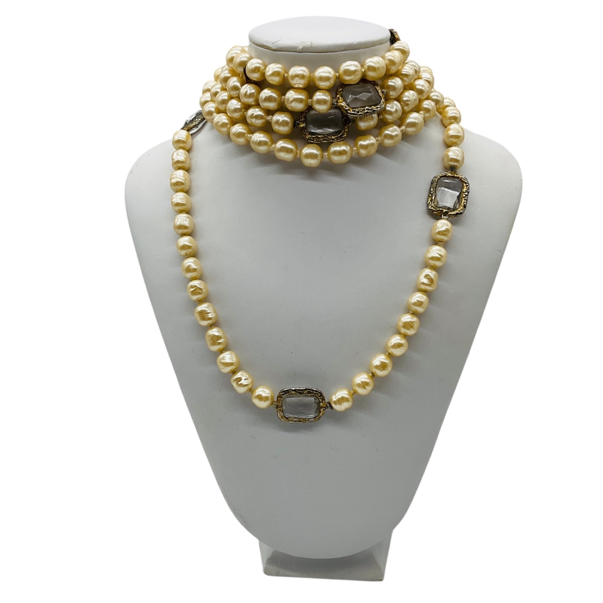 Chanel Vintage 1981 Clear Jumbo Crystal Station and Pearl Long Strand Sautoir Necklace