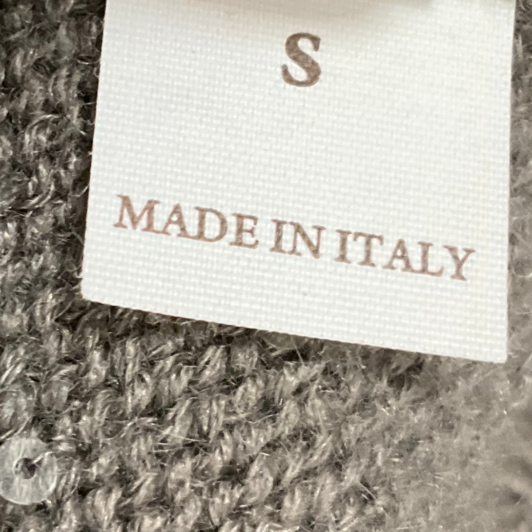 Brunello Cucinelli Taupe Sequined Cashmere and Silk Knit Long Sleeved V-Neck Pullover Sweater