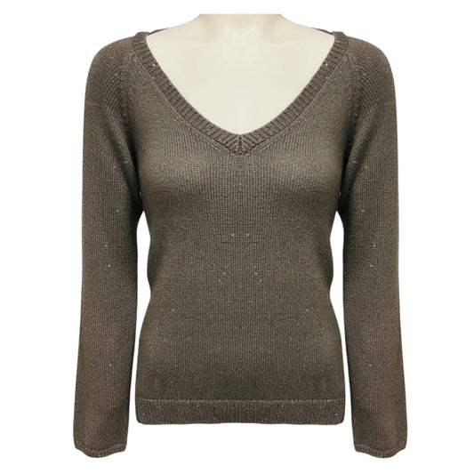 Brunello Cucinelli Taupe Sequined Cashmere and Silk Knit Long Sleeved V-Neck Pullover Sweater