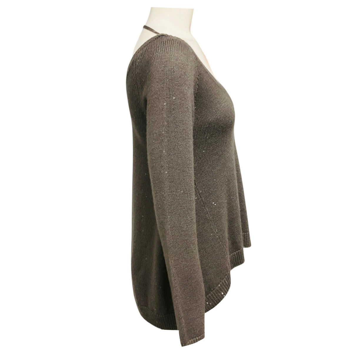 Brunello Cucinelli Taupe Sequined Cashmere and Silk Knit Long Sleeved V-Neck Pullover Sweater