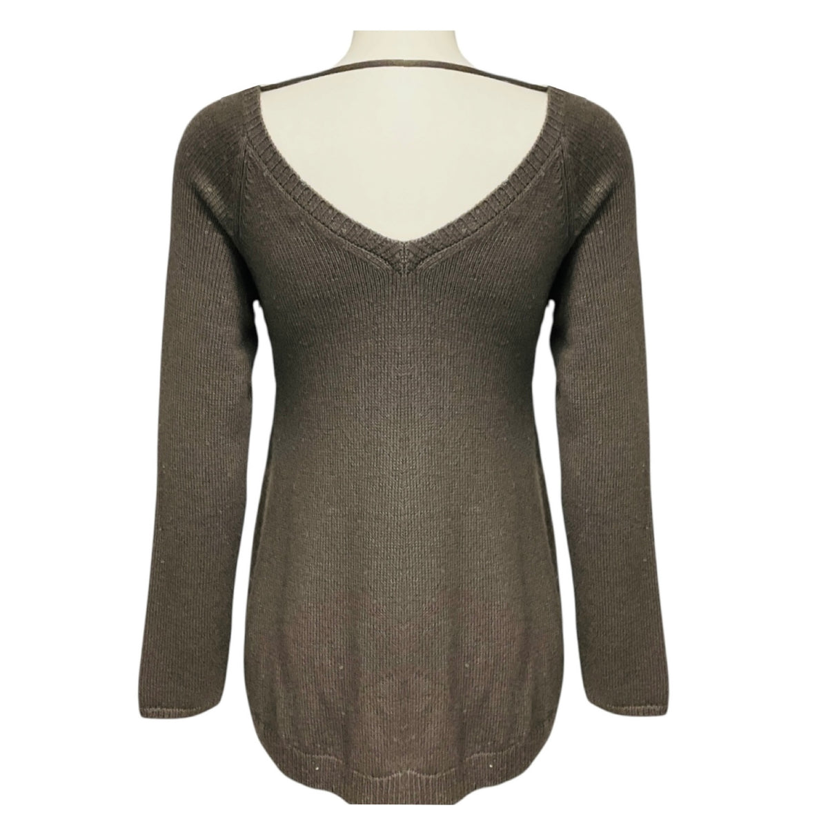 Brunello Cucinelli Taupe Sequined Cashmere and Silk Knit Long Sleeved V-Neck Pullover Sweater