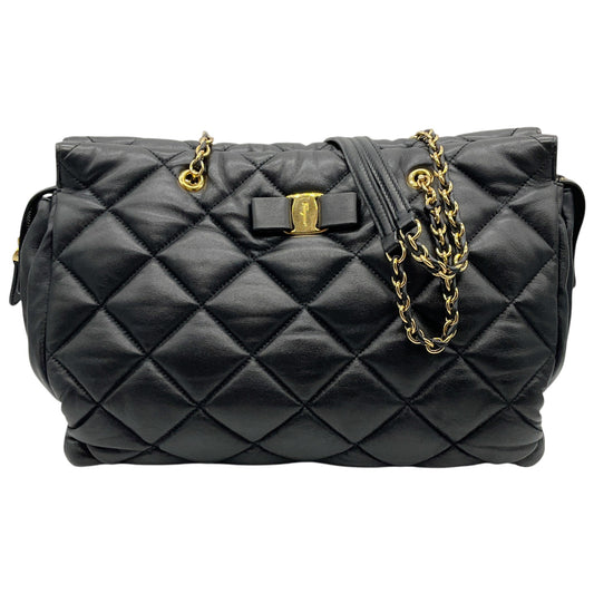 Salvatore Ferragamo Black Leather Quilted Shoulder Bag with Bow
