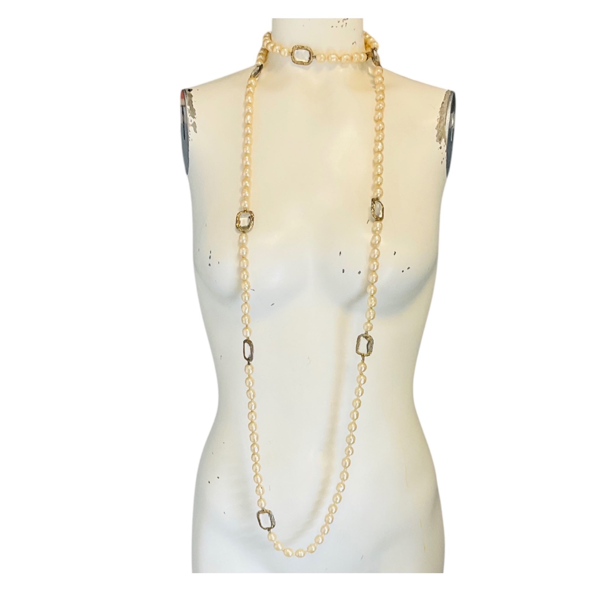 Chanel Vintage 1981 Clear Jumbo Crystal Station and Pearl Long Strand Sautoir Necklace