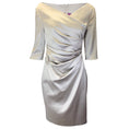 Load image into Gallery viewer, Talbot Runhof Silver Metallic Ruched Three-Quarter Sleeved Satin Midi Dress
