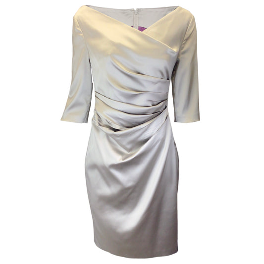 Talbot Runhof Silver Metallic Ruched Three-Quarter Sleeved Satin Midi Dress