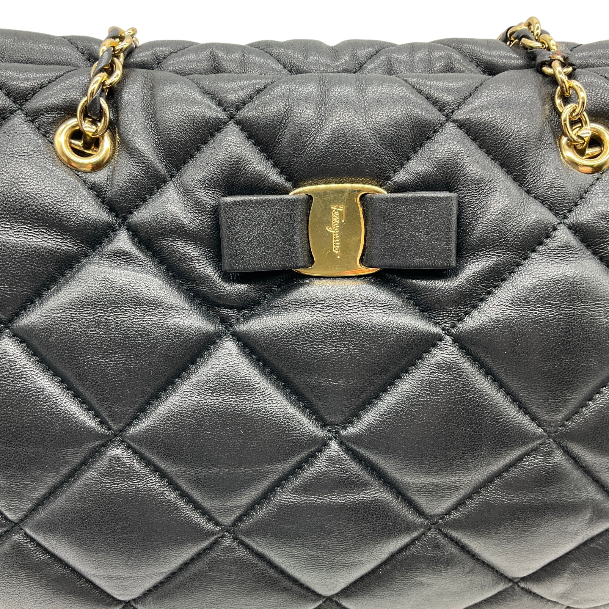 Salvatore Ferragamo Black Leather Quilted Shoulder Bag with Bow