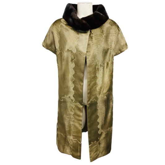 J. Mendel Olive Green / Brown Mink Fur Collar Short Sleeved Lamb Fur Coat with Silk Lining
