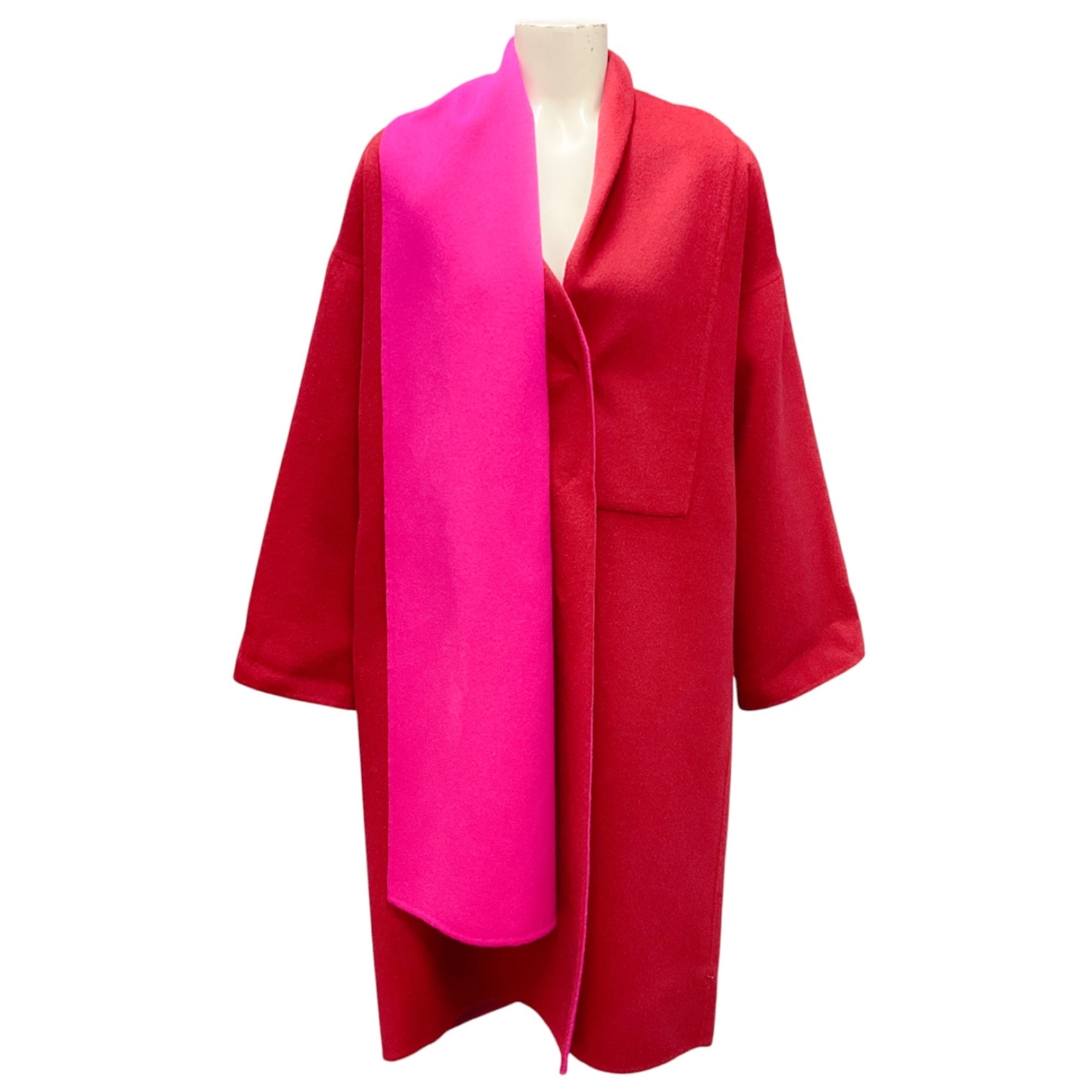Oscar de la Renta Red / Pink Colorblock Wool and Cashmere Coat