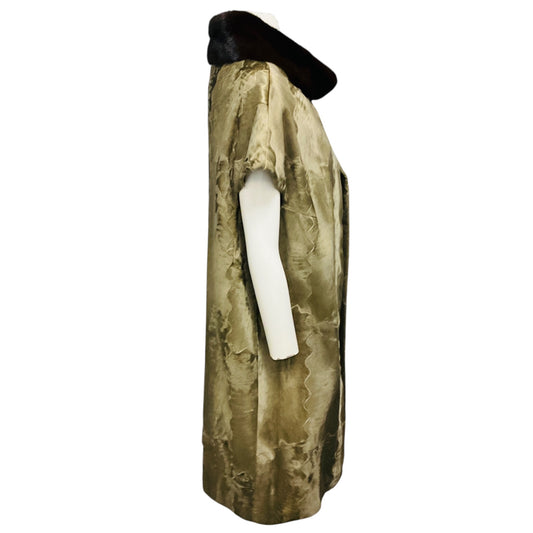 J. Mendel Olive Green / Brown Mink Fur Collar Short Sleeved Lamb Fur Coat with Silk Lining