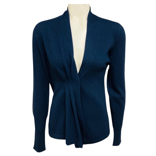 Brunello Cucinelli Navy Blue Pleated Detail Cashmere Knit Cardigan Sweater